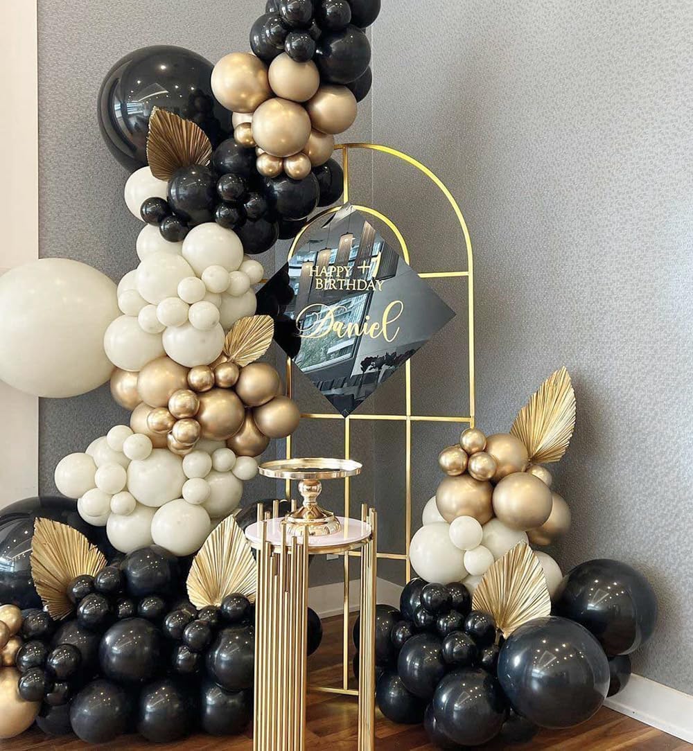 Globos de color negro, dorado y beige, 60 globos de arena negra dorada y blanca con globos de fiesta de confeti dorado metálico para graduación,