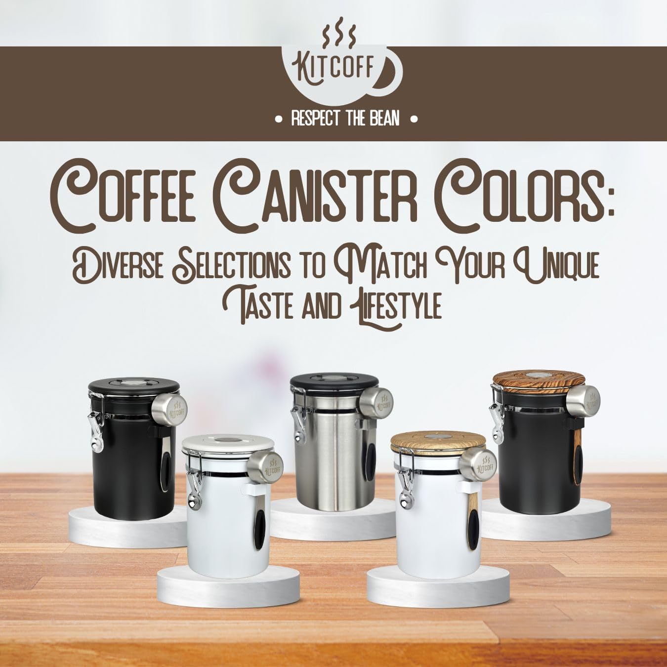 Kitcoff Recipiente de café molido con rastreador de fecha, válvula de liberación de CO2 y cuchara medidora, hecho de acero inoxidable con tapas