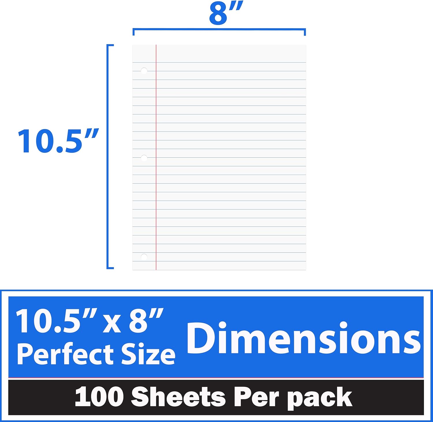 Papel para cuaderno, papel de hojas sueltas (paquete de 6), papel rayado universitario, 10.5 x 8 pulgadas, papel de relleno, 100 hojas por paquete,