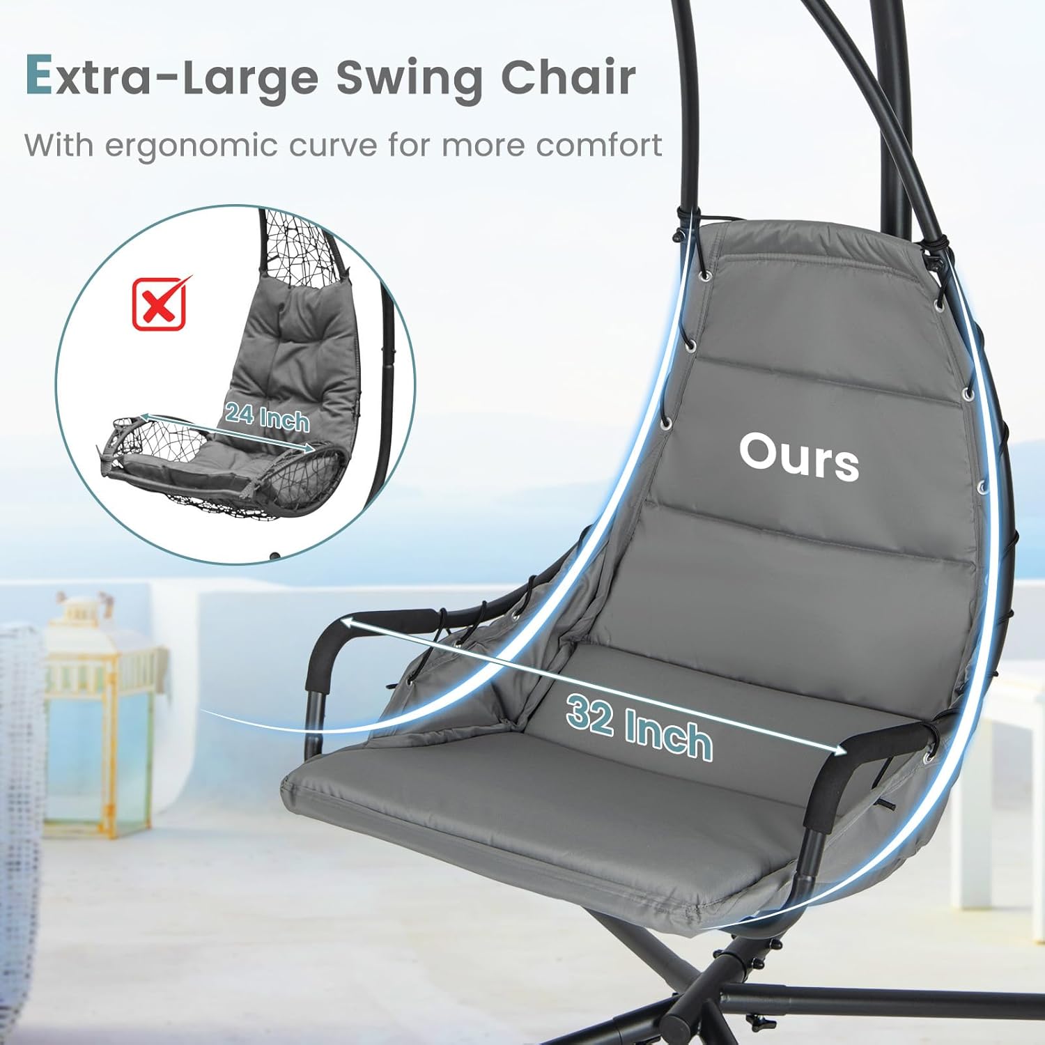 Giantex Silla colgante con soporte, hamaca columpio con asiento acolchado extragrande, marco de metal resistente, silla hamaca para interiores y