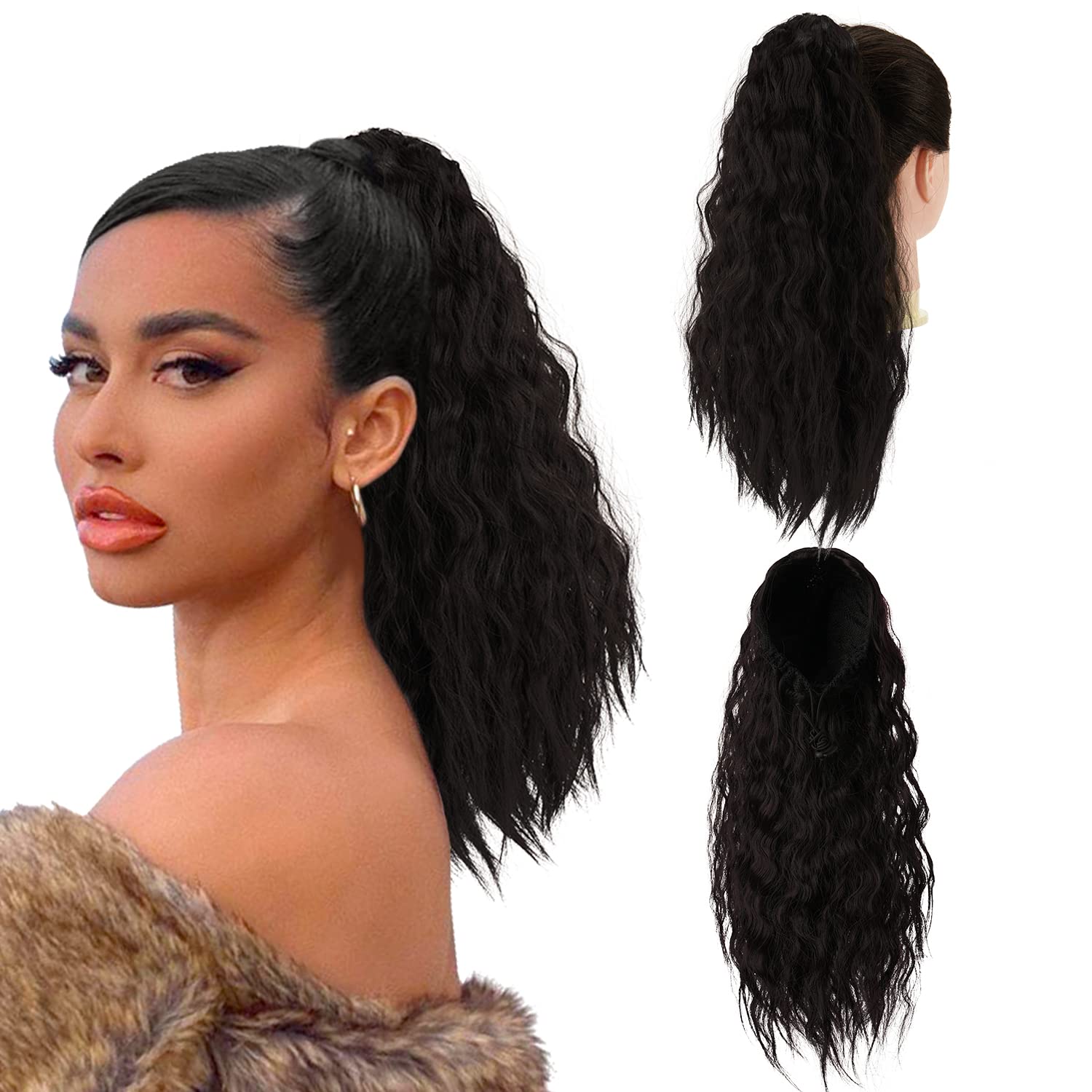 PEACOCO Cola de caballo corta con ondas de maíz, extensión de cola de caballo con cordón para mujeres negras con clip (14 pulgadas (paquete de 1),