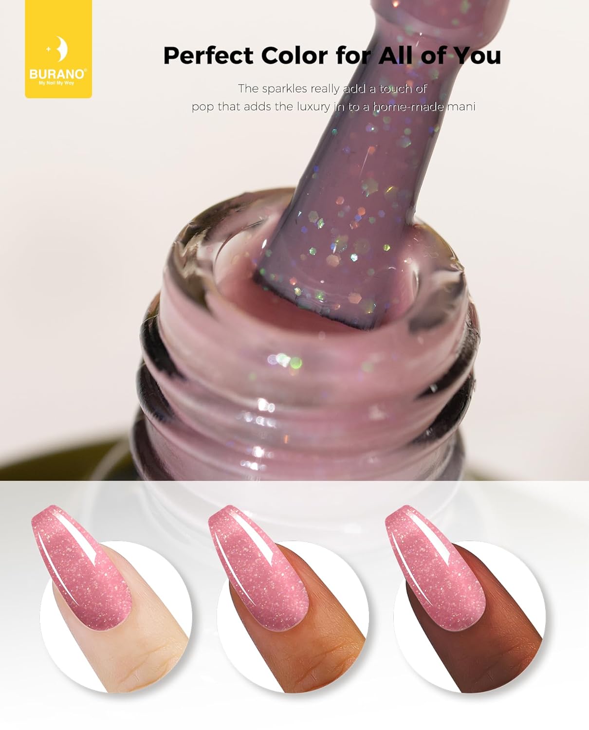 BURANO Esmalte de gel rosa con purpurina, esmalte de gel neutro color rosa nude, 0.2 fl oz, tono de piel rosa brillante, gel natural de remojo UV