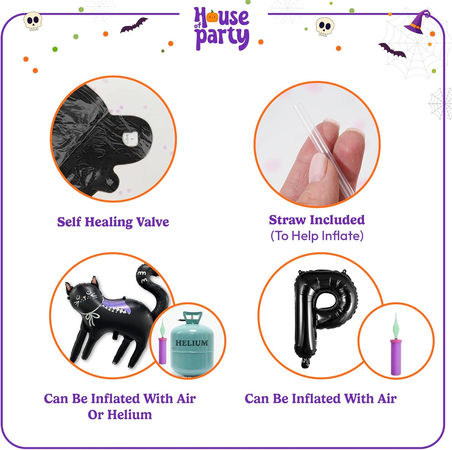 HOUSE OF PARTY Kit de fiesta de globos de Halloween de gato negro extragrande de 29.5 x 32 pulgadas, 2 juegos de globos de letras “Witch Please” +