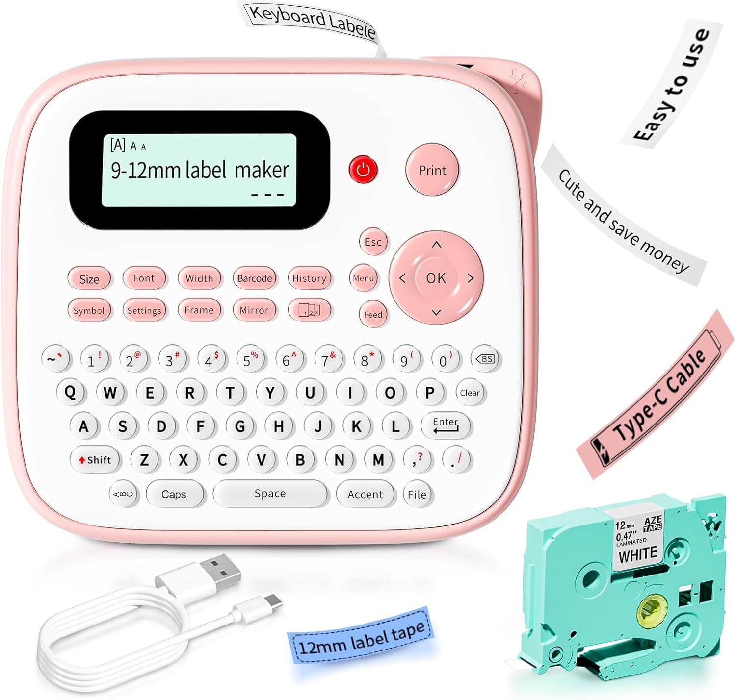 Etiquetadora D210S rosa, etiquetadora de teclado QWERTY, cortador integrado, dos modos de fuente de alimentación
