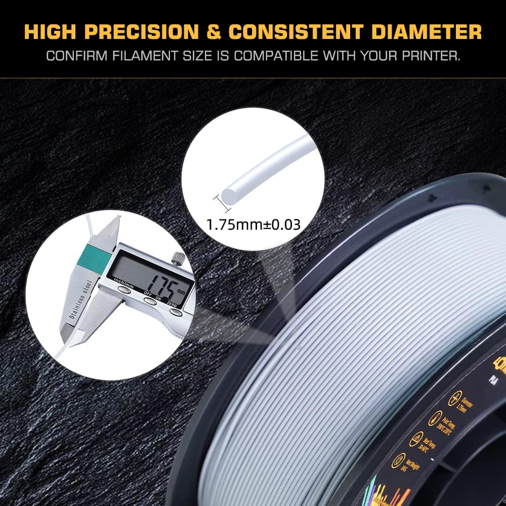 Filamento PLA de 0.069 pulgadas para impresora 3D, carrete de 2.2 libras, precisión dimensional +- 0.001 pulgadas, se adapta a la mayoría de