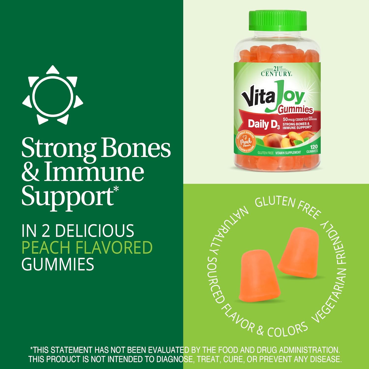 21st Century VitaJoy Daily Vitamina D3 50 mcg (2,000 UI) Gomitas, melocotón, 120 unidades