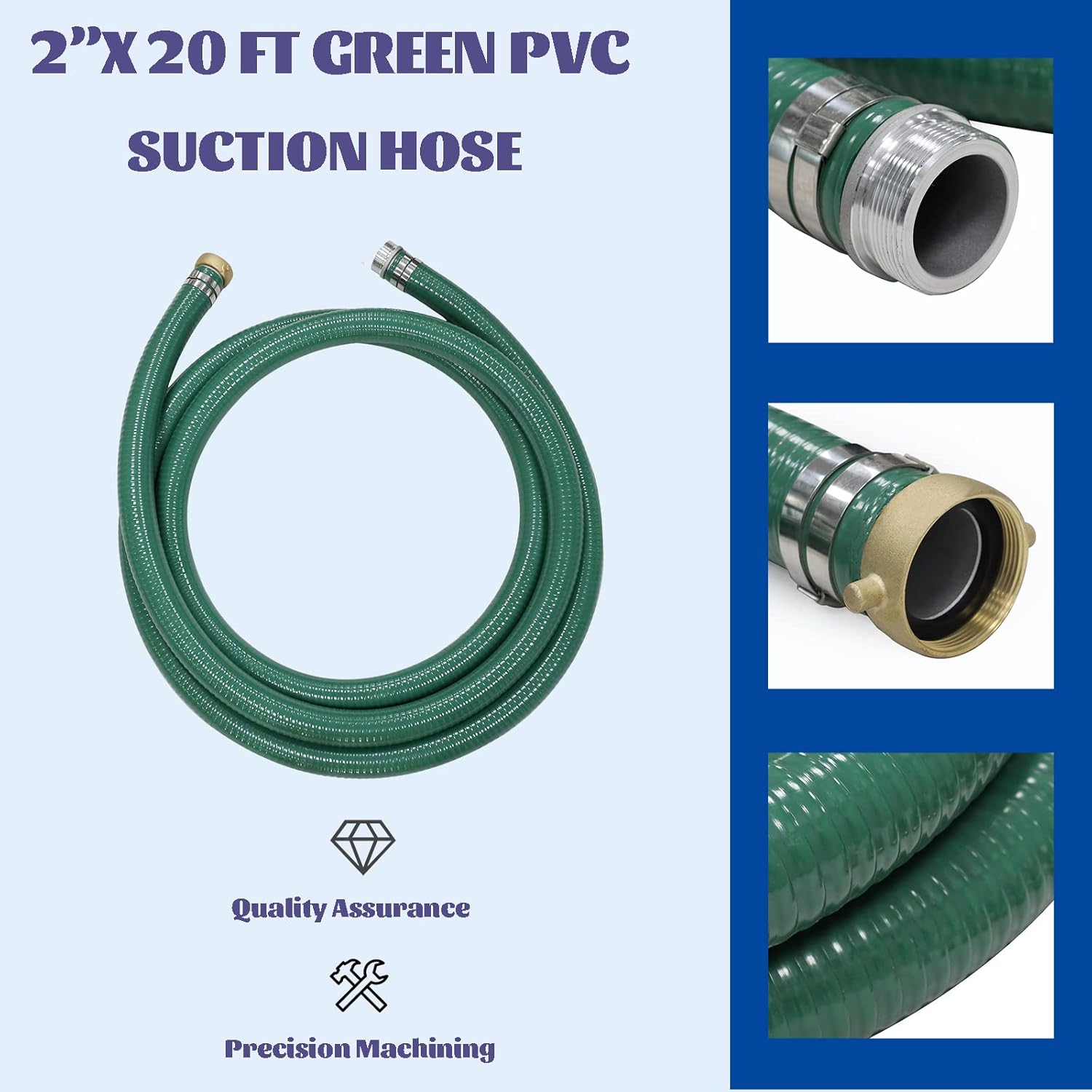Eastrans El kit de bomba de manguera de descarga incluye manguera de succión de PVC verde de 2 pulgadas x 20 pies con ajuste de clavija de aluminio,
