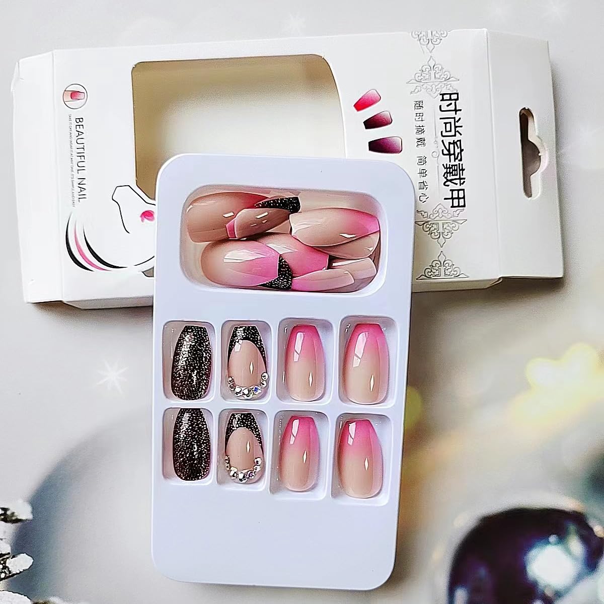24 piezas de uñas cuadradas a presión, uñas postizas medianas, color rosa degradado, uñas adhesivas de cobertura completa, color rojo vino,