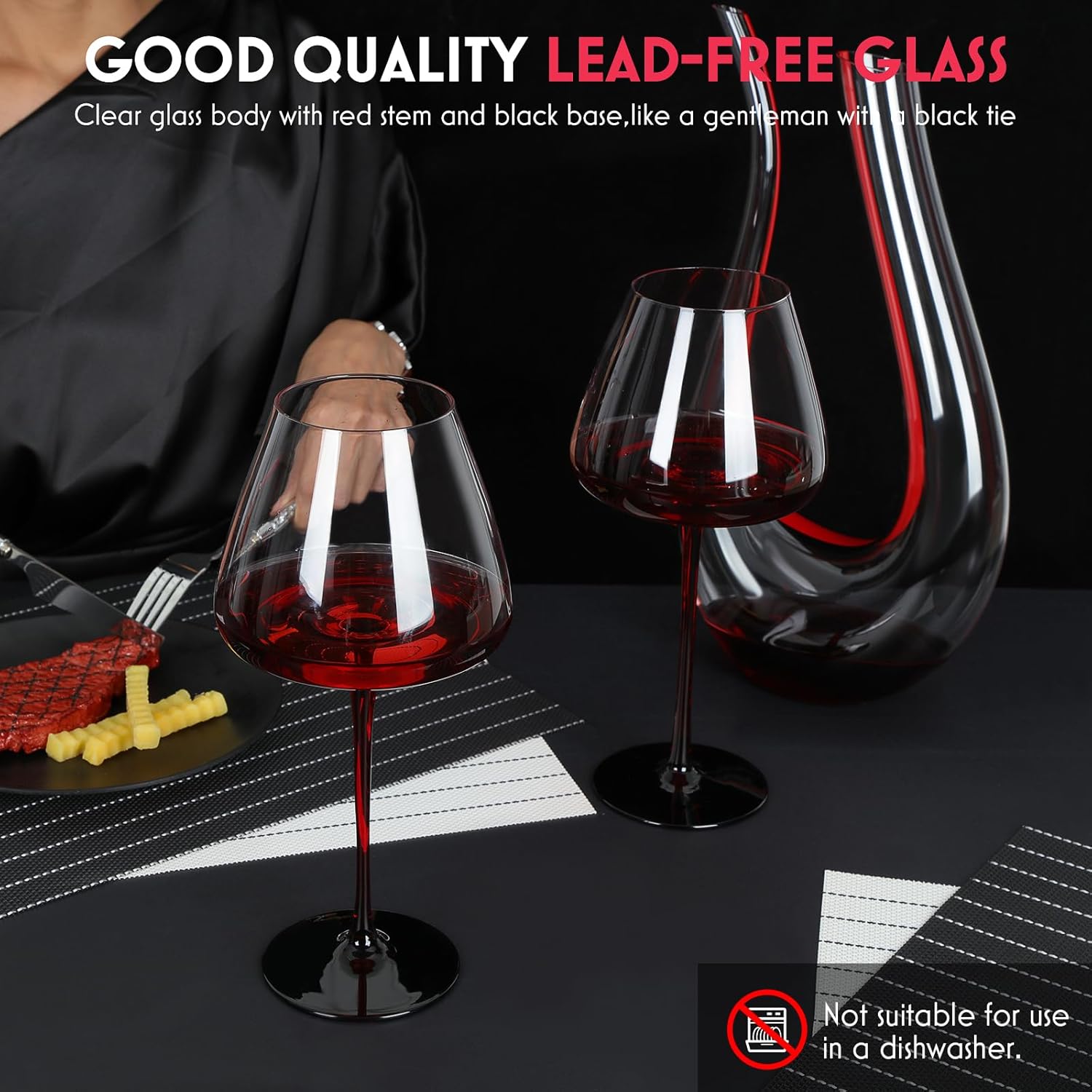sugarchef Juego de 2 copas de vino tinto grandes modernas de 25 onzas sopladas a mano con tallo rojo base negra para boda, aniversario, día del