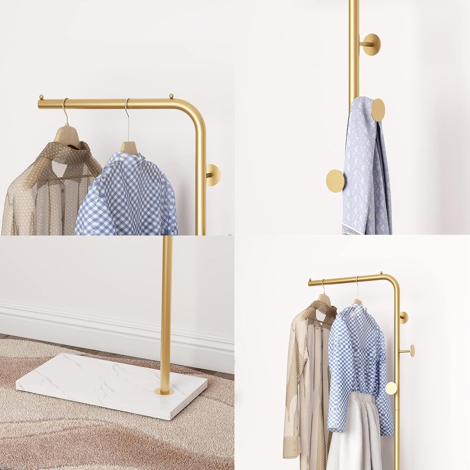 Percheros de metal dorado, perchero de pie con base pesada, moderno árbol de abrigo con barra transversal y 3 ganchos, percheros de entrada para