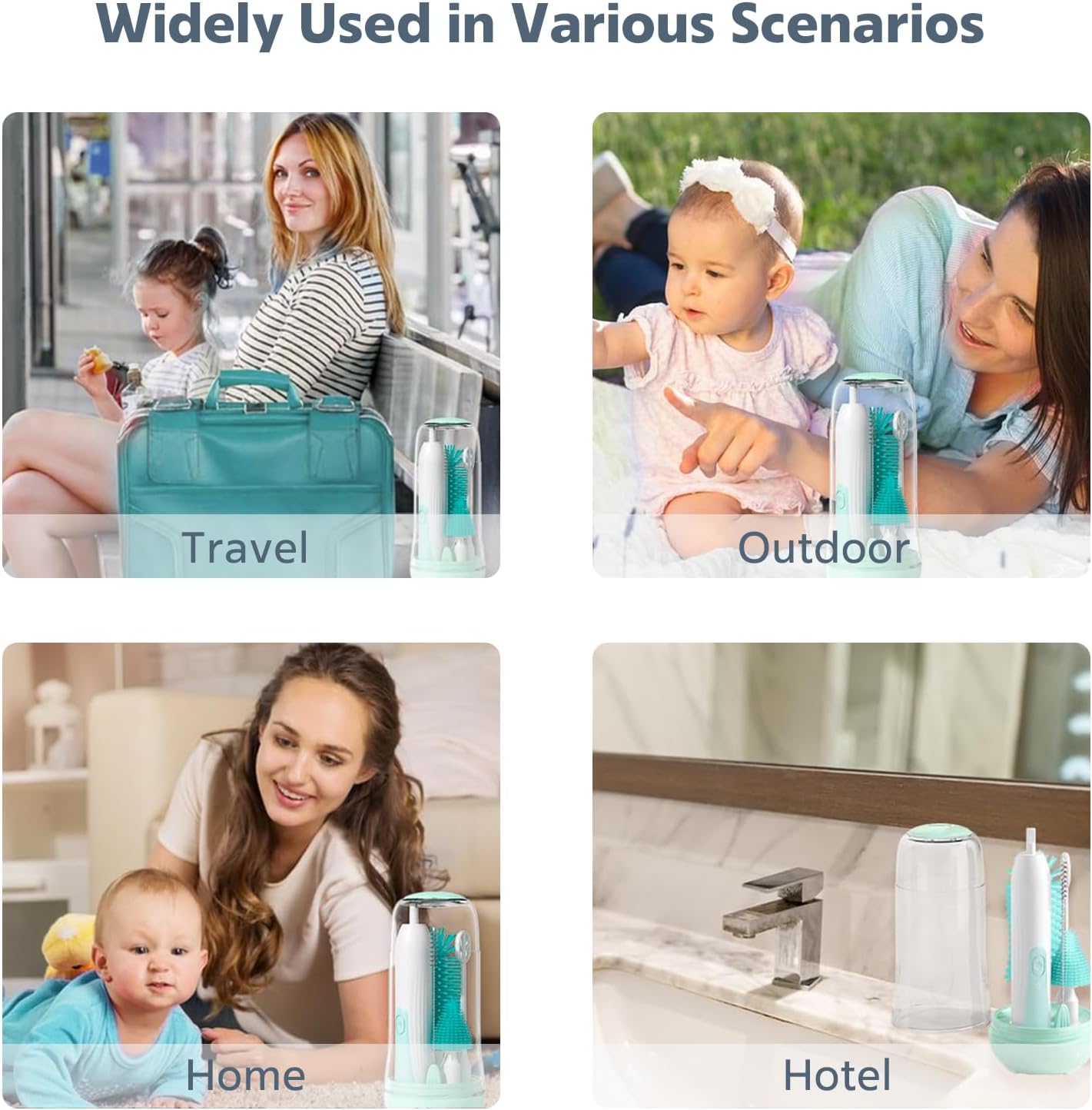 MomMed Cepillo eléctrico para botellas, juego de cepillos eléctricos para biberones con botella de silicona, chupete, cepillo para popote y cabezal