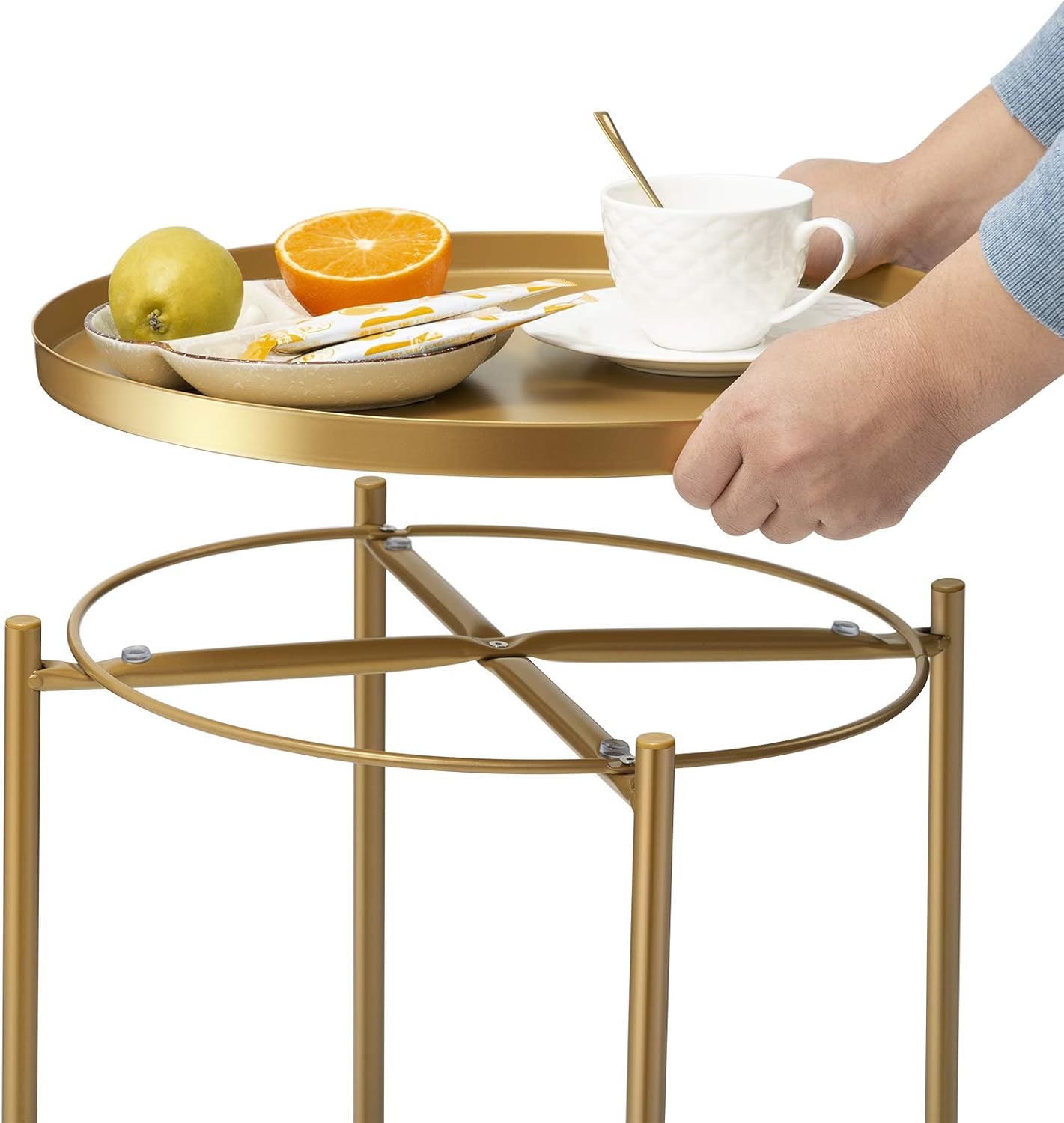 danpinera Paquete de 2 mesas auxiliares doradas, mesa auxiliar dorada para espacios pequeños, mesa decorativa redonda de metal para patio, bandeja