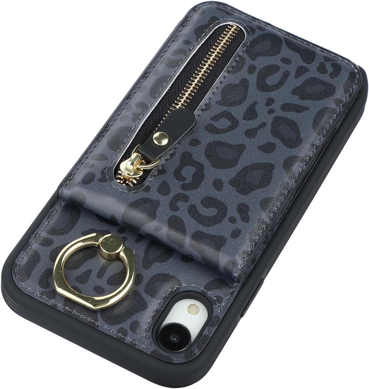 Funda para iPhone XR para mujer, funda para iPhone XR con tarjetero con tarjetero con soporte para tarjeta de crédito con anillo, cierre de