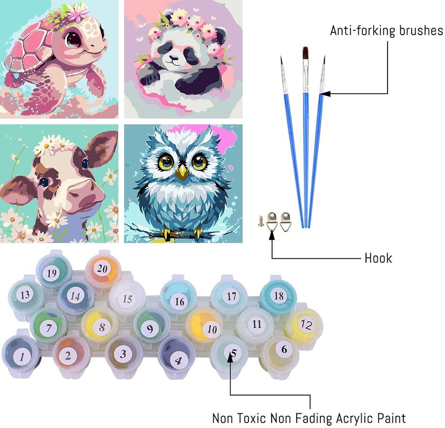 FQOVKYN Paquete de 4 pinturas por números para adultos, kit de pintura por números de animales lindos para adultos principiantes, pintura acrílica