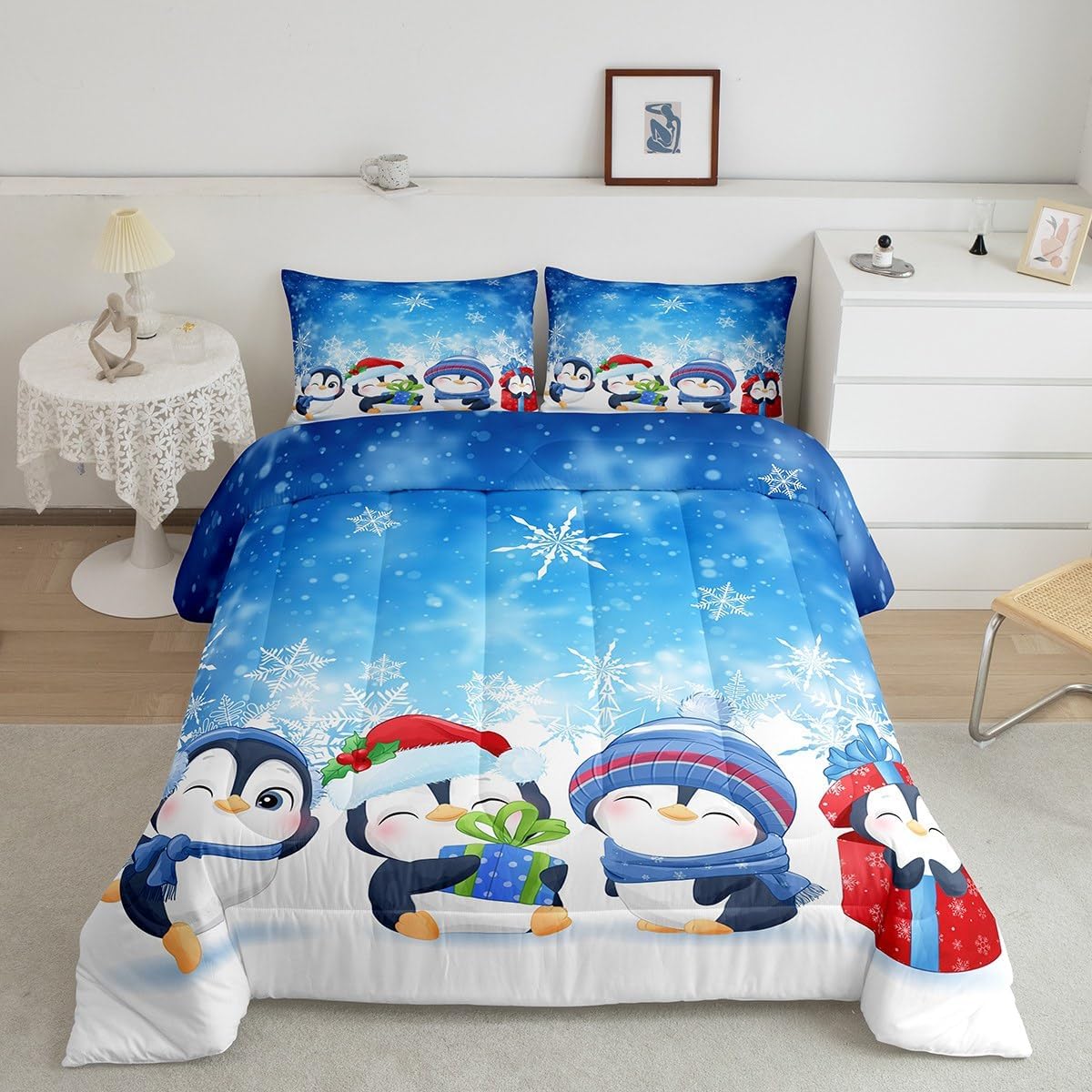 Edredón de pingüinos de dibujos animados para niños, tamaño King, edredón de invierno geométrico abstracto con copos de nieve con 2 fundas de