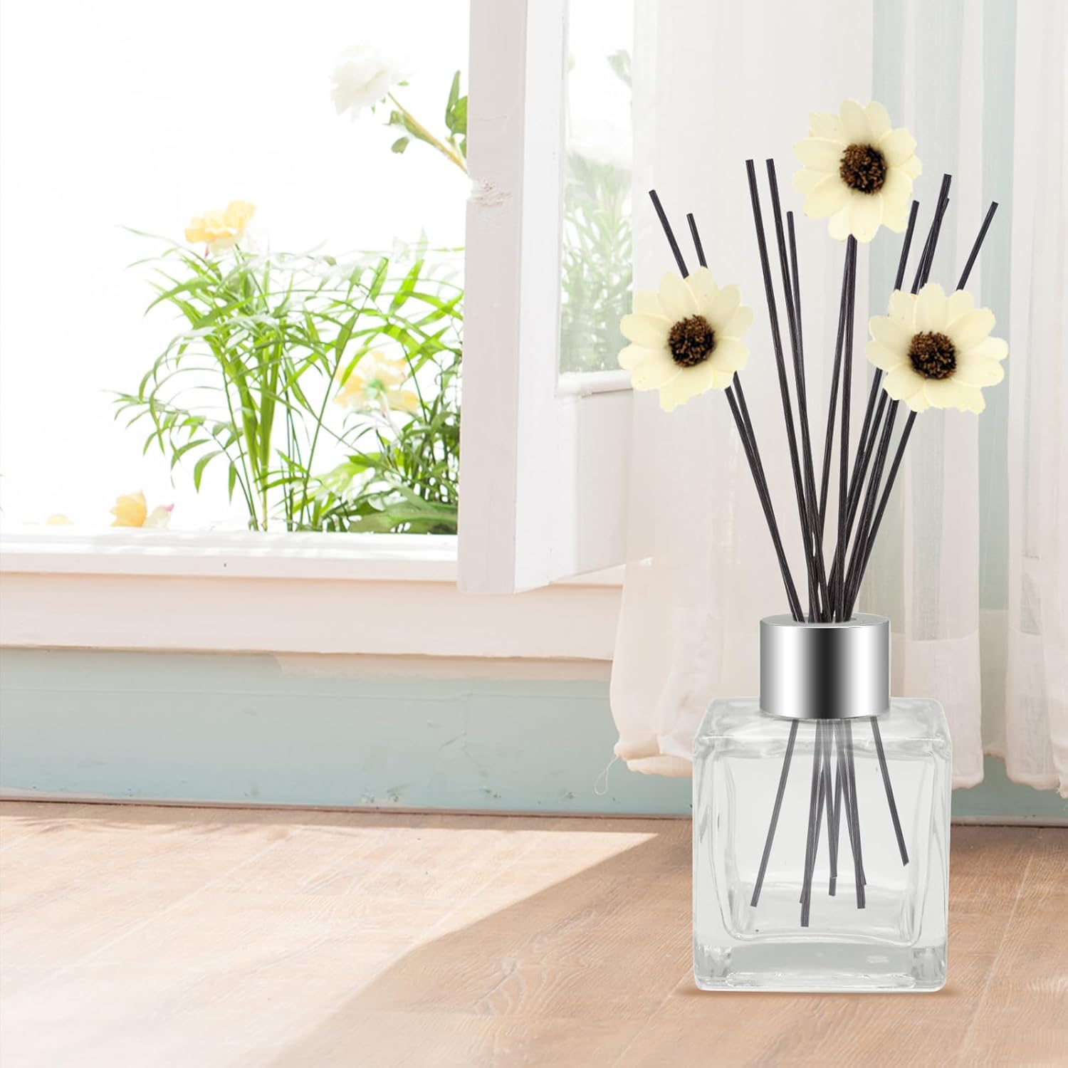 10 botellas difusoras de varillas de vidrio cuadradas vacías con tapas plateadas de 1.7 onzas, difusores de aromaterapia recargables, frascos