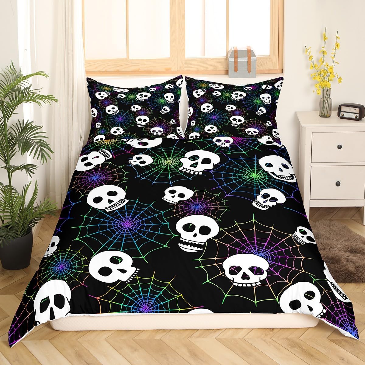 Juego de ropa de cama con temática de Halloween, tamaño Queen, funda de edredón de calavera de azúcar para niños, niñas, adolescentes, tela de