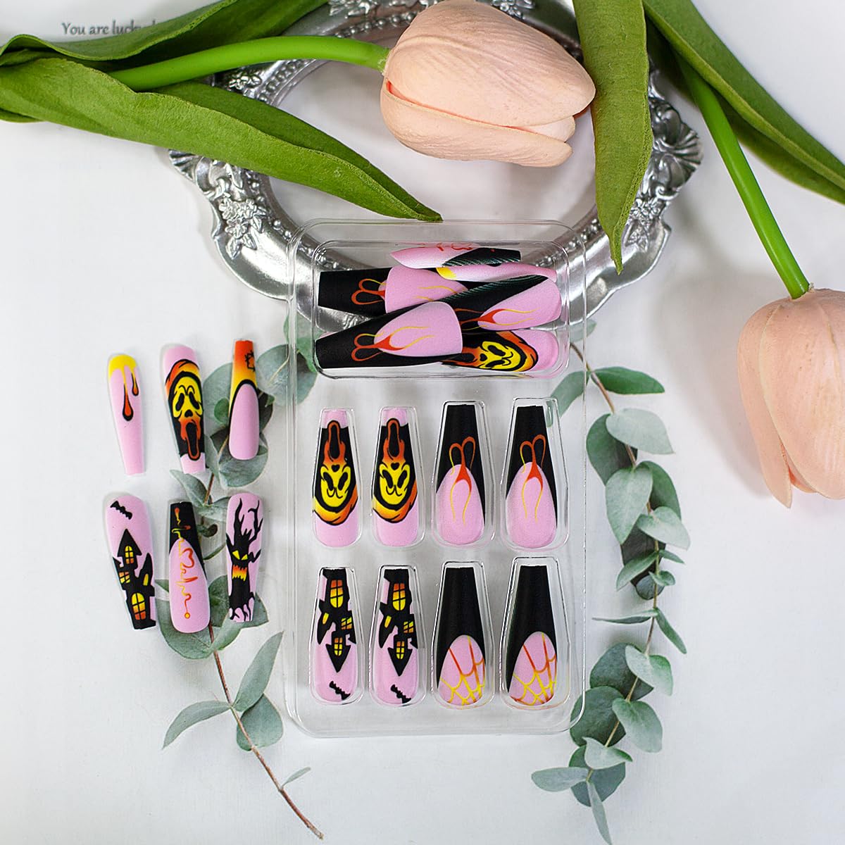 Uñas largas a presión para Halloween, uñas postizas de ataúd rosa, uñas adhesivas con diseño de casa fantasma, uñas postizas de murciélago, uñas