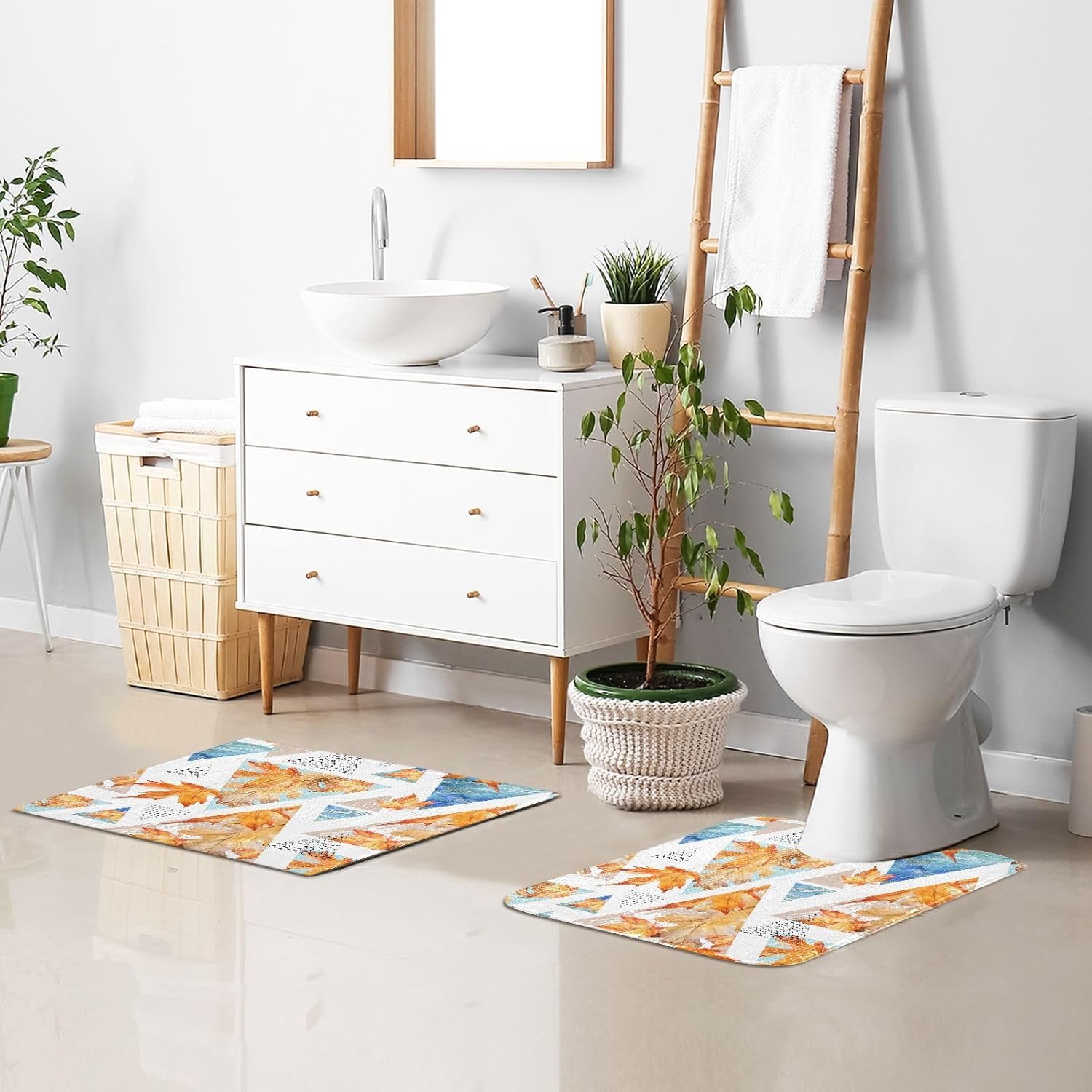 Bathroom Rugs Sets 2 Piece 24×16+24×20 Inch,Soft U-Shaped Contour Toilet Rug Abstract Autumn Geometric Non-Slip Absorbent Bath Floor Mat Carpet Set