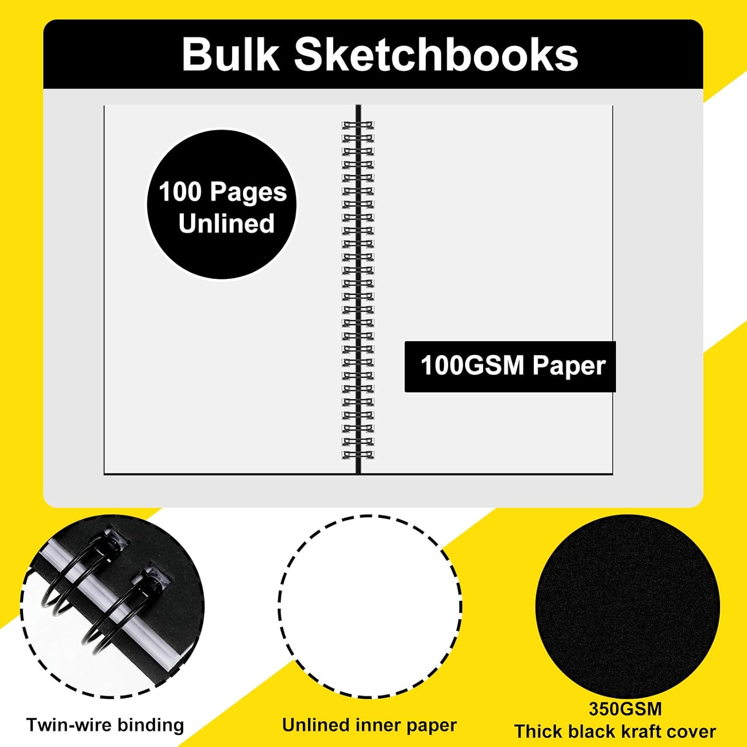 Fulmoon 50 cuadernos de bocetos negros en blanco con espiral sin forro, tapa suave, libro de dibujo de papel kraft a granel para estudiantes,
