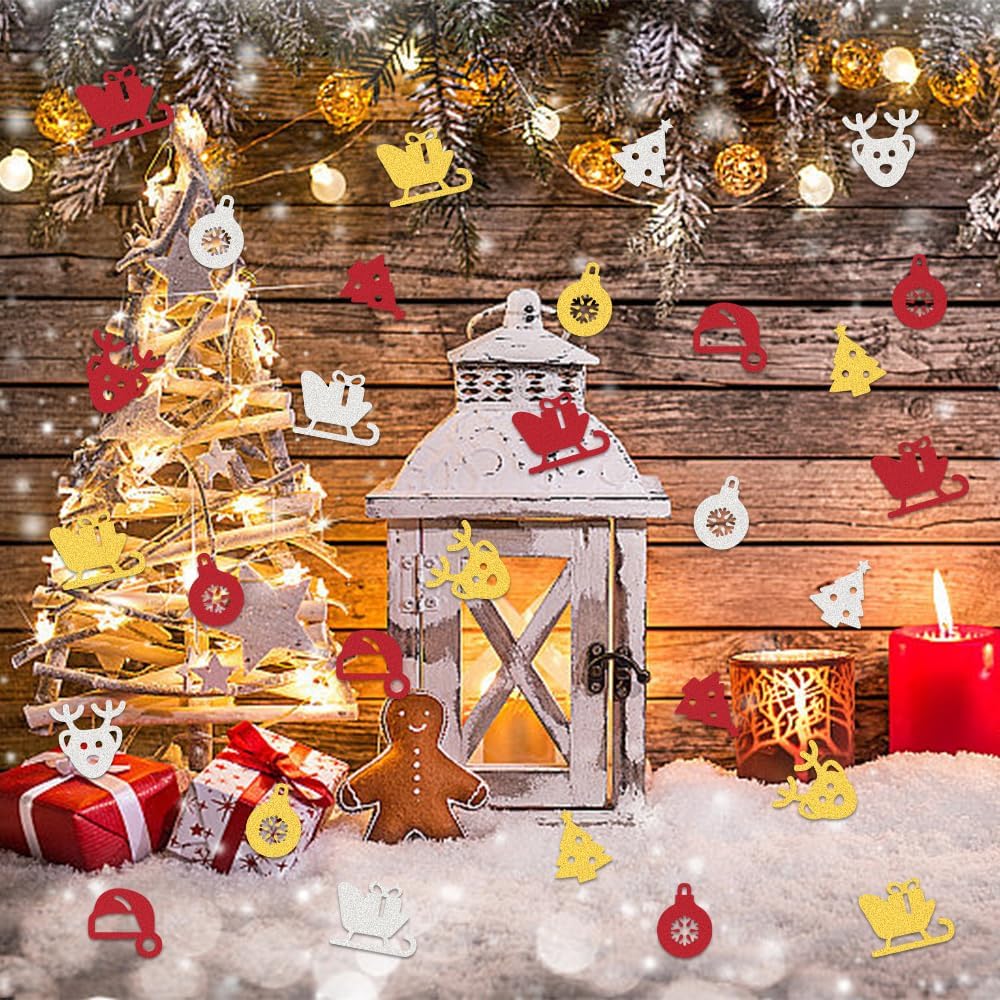 200 piezas de confeti de Navidad, azufaifo, rojo, plateado, dorado, trineo, alce, árbol de Navidad, sombrero de Papá Noel, decoración de confeti de