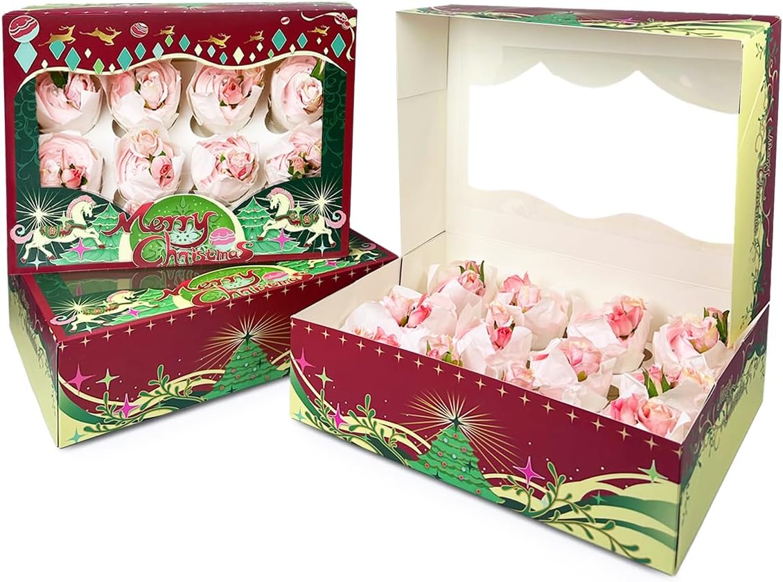 12 recipientes para cupcakes, 16 paquetes de cajas de cupcakes de Navidad, 12 cajas para cupcakes con ventana de 13 x 10 x 3.5 pulgadas