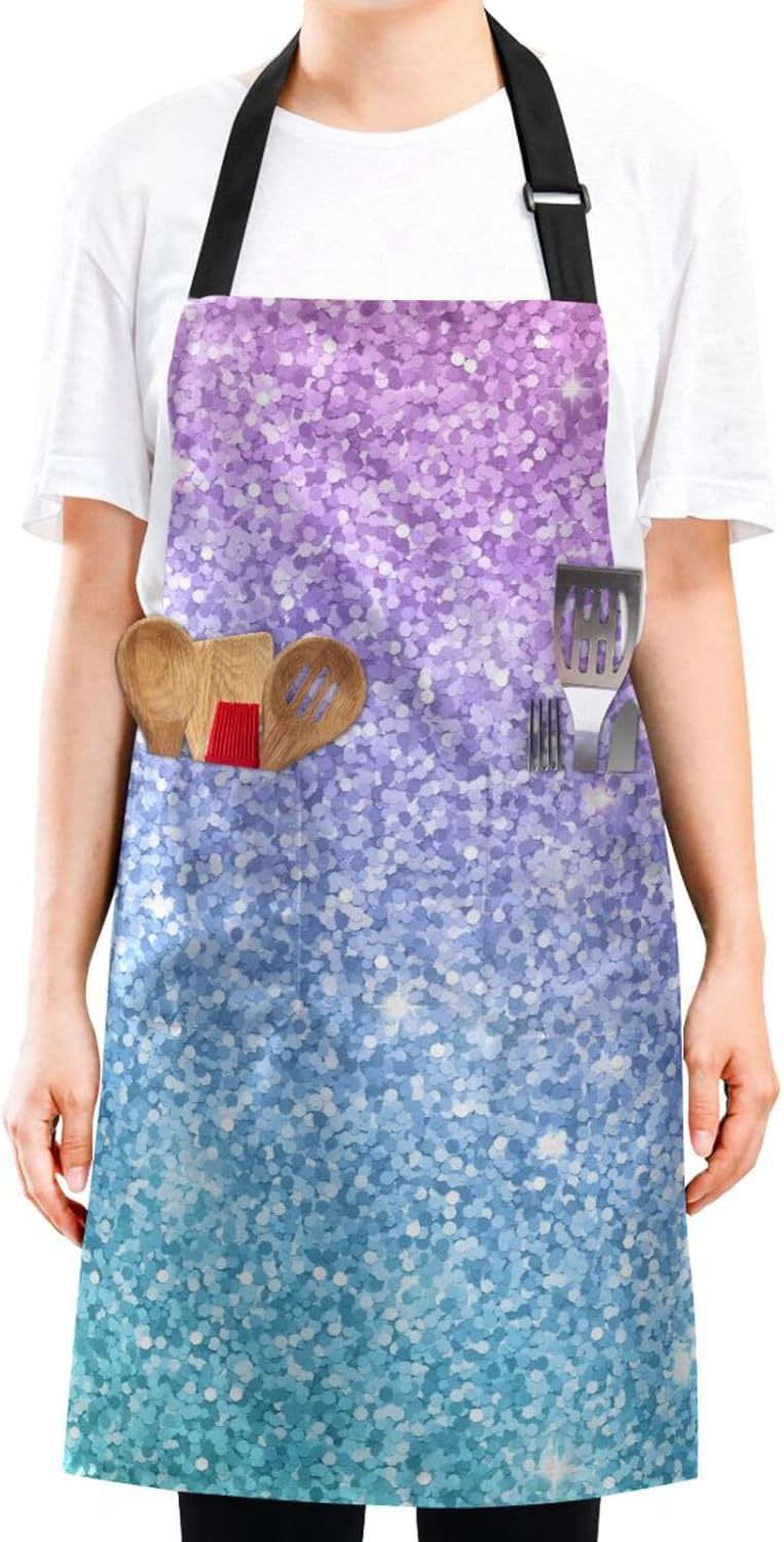 RPLIFE Delantal de chef iridiscente con purpurina arcoíris para hombre, delantales con bolsillos para mujer, bolsillos impermeables para delantal,