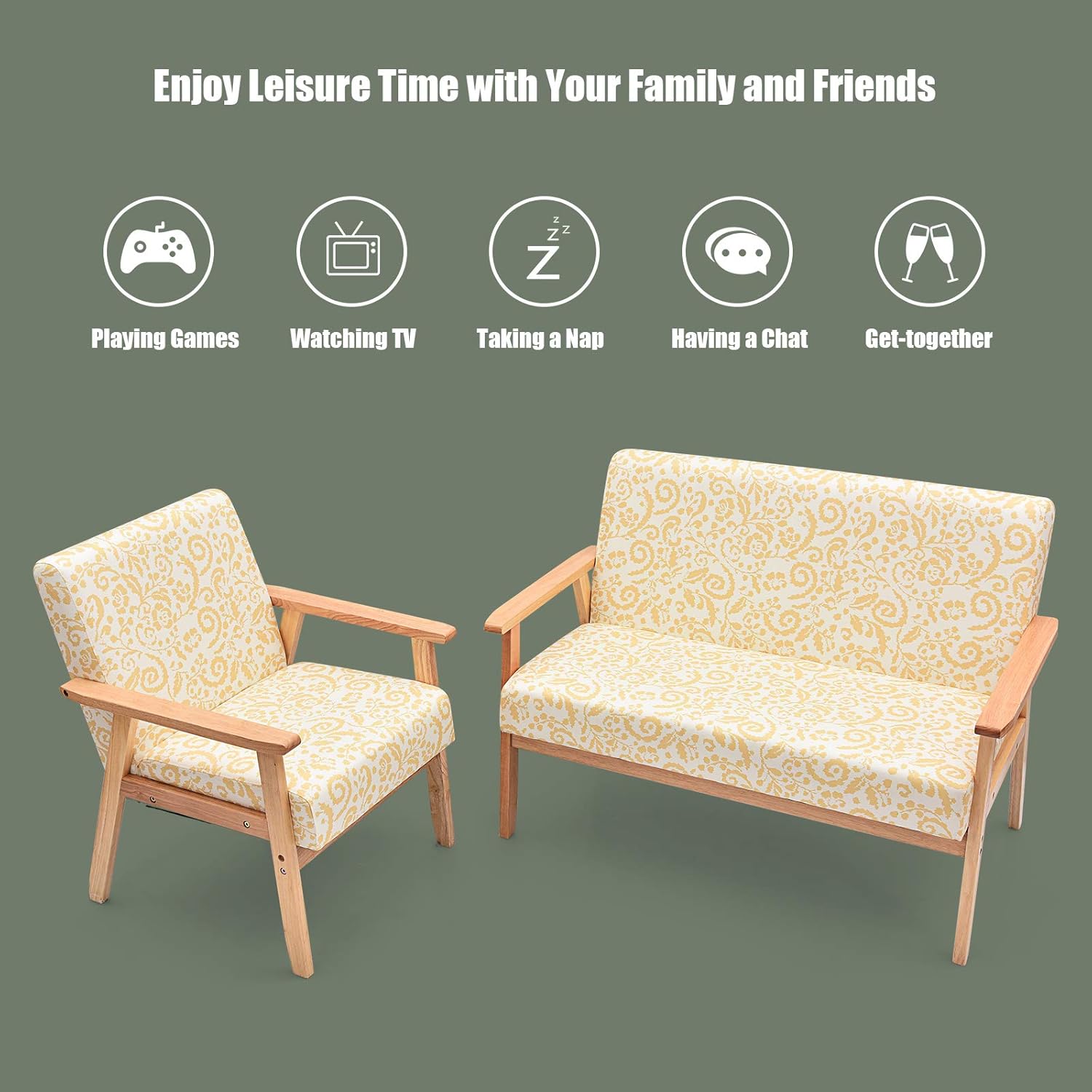 Giantex Mid-Century – Juego de sillas decorativas de madera de dos plazas, silla decorativa de madera tapizada con madera de caucho, bonito patrón,
