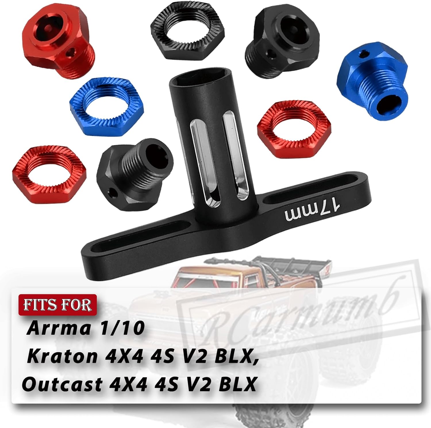 Tuercas de rueda de aluminio de 0.669 in, bujes hexagonales de rueda y llave de rueda para Arrma 110 Kraton 4X4 4S V2 BLX, Outcast 4X4 4S V2 BLX,