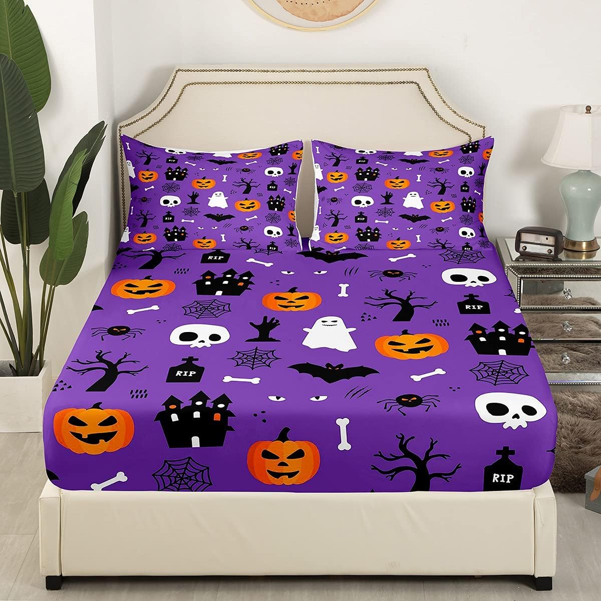 Feelyou Juego de sábanas bajeras de Halloween con diseño de calabaza de dibujos animados para niños y niñas, diseño de castillo, fantasma,