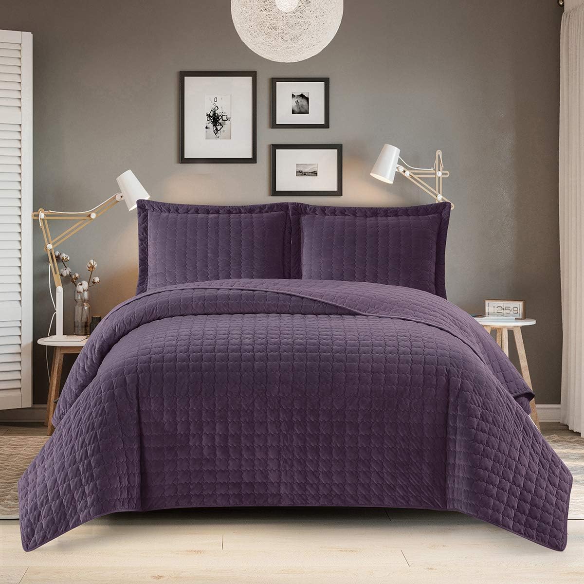 Royal Hotel Bedding Edredón de terciopelo de felpa tamaño Queen, terciopelo morado de 92 x 96 pulgadas, juego de 3 piezas, edredón de lujo 100%
