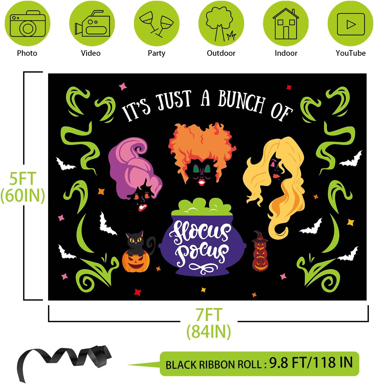 Telón de fondo de bruja de Halloween, 7 x 5 pies, telón de fondo de hermanas de bruja de Halloween, pancarta de brujas Hocus Pocus, telón de fondo