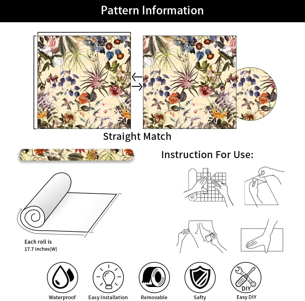 Papel tapiz autoadhesivo de 18 x 236 pulgadas, diseño bohemio de flores silvestres y hojas, papel de contacto extraíble para despegar y despegar,