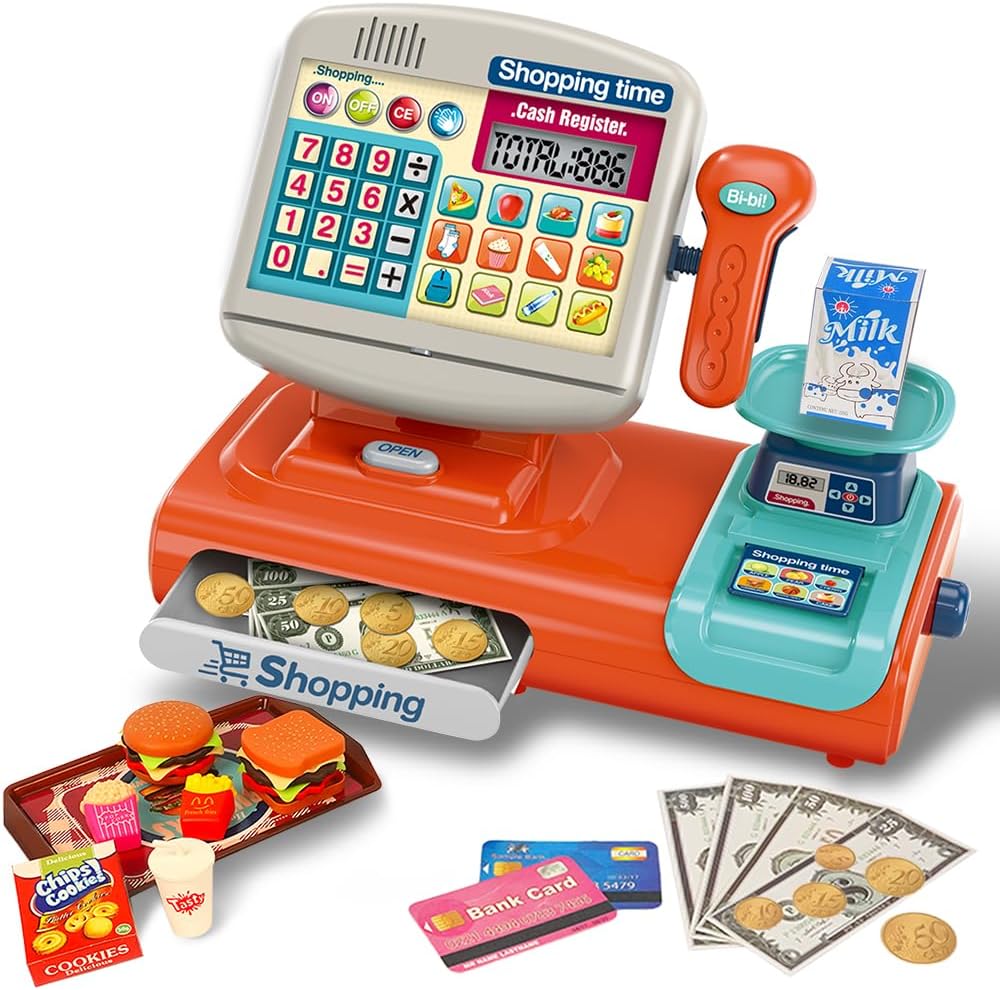 Caja registradora de juguete para niños, tienda de juegos de simulación con calculadora de sonidos y real y simulación de pesador, caja registradora