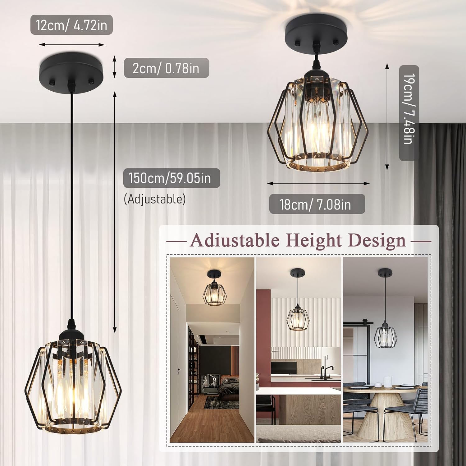 ADISUN Lámpara colgante de cristal para isla de cocina con forma de diamante, luz negra moderna de isla de cocina para bombilla E26, elegante mini