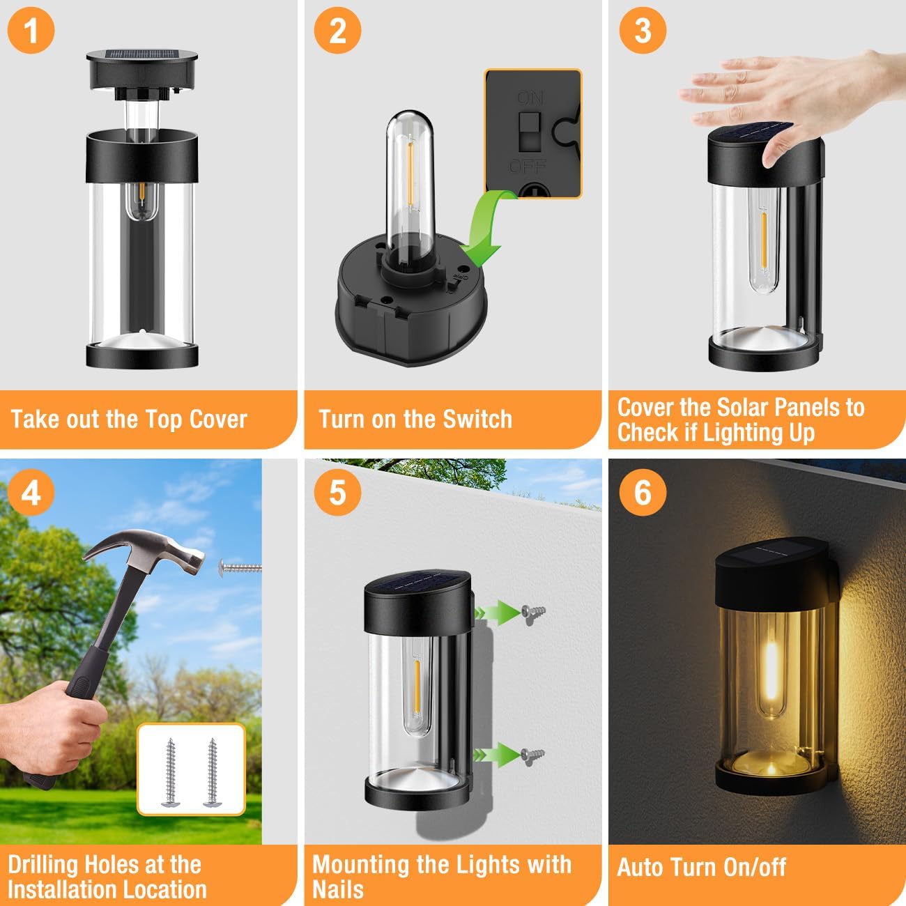 Woolmug Paquete de 4 luces solares para valla al aire libre, luces solares de pared de vidrio de metal, luces solares de cubierta, luces solares