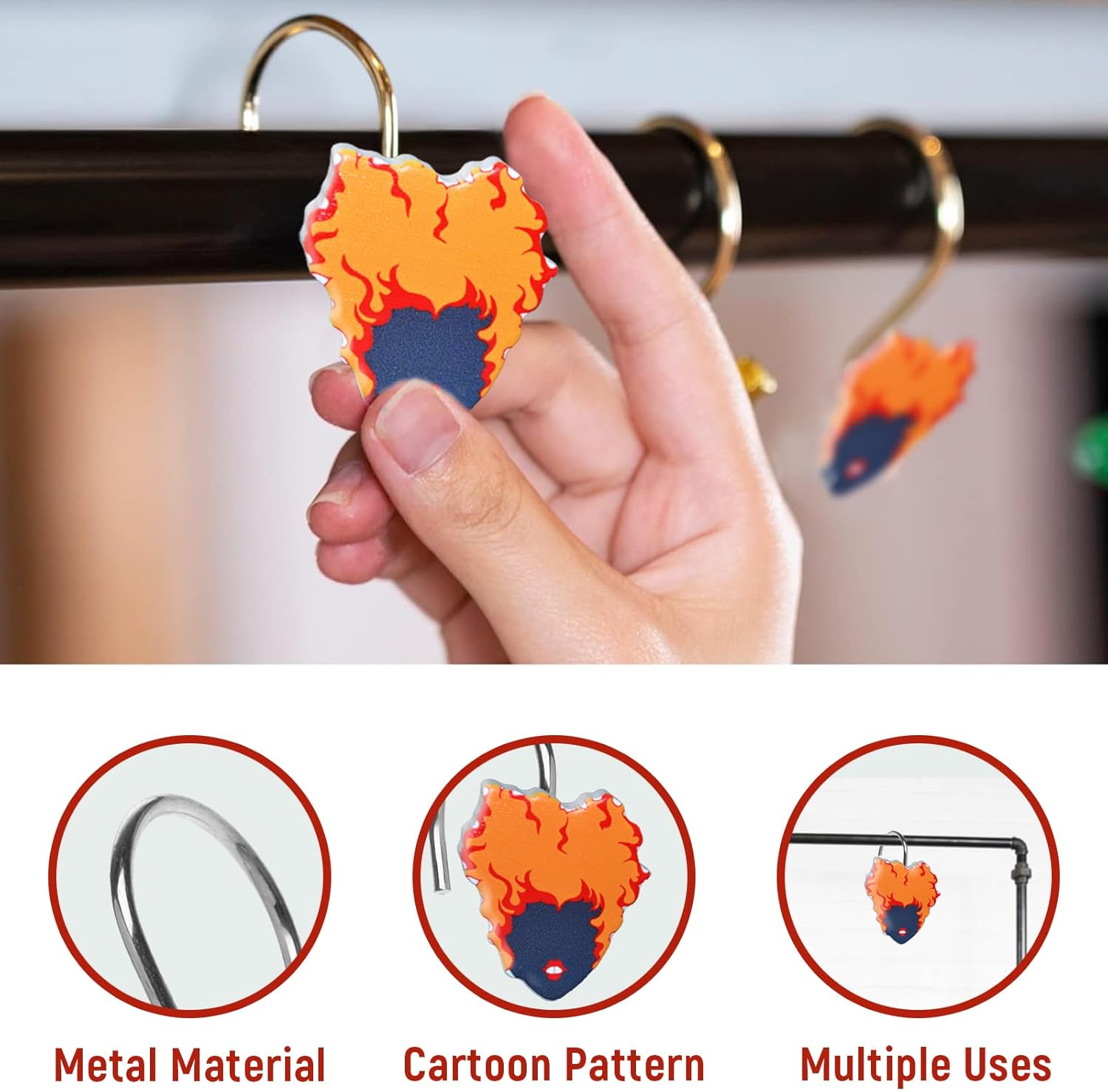 12 ganchos decorativos de Halloween para cortina de ducha, anillos, accesorios de decoración de baño, metal inoxidable y resina pintada a mano,