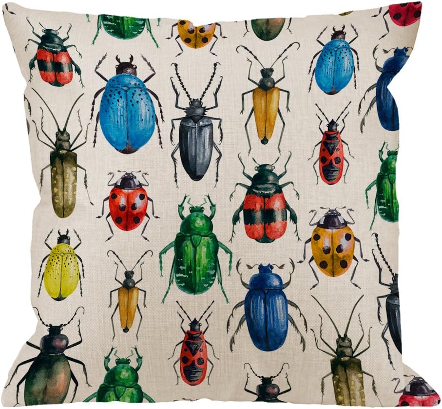 HGOD DESIGNS Beetles – Funda de almohada, decorativa, diseño de escarabajo, acuarela, hexápodo, insecto, algodón, lino, para exteriores, interiores,