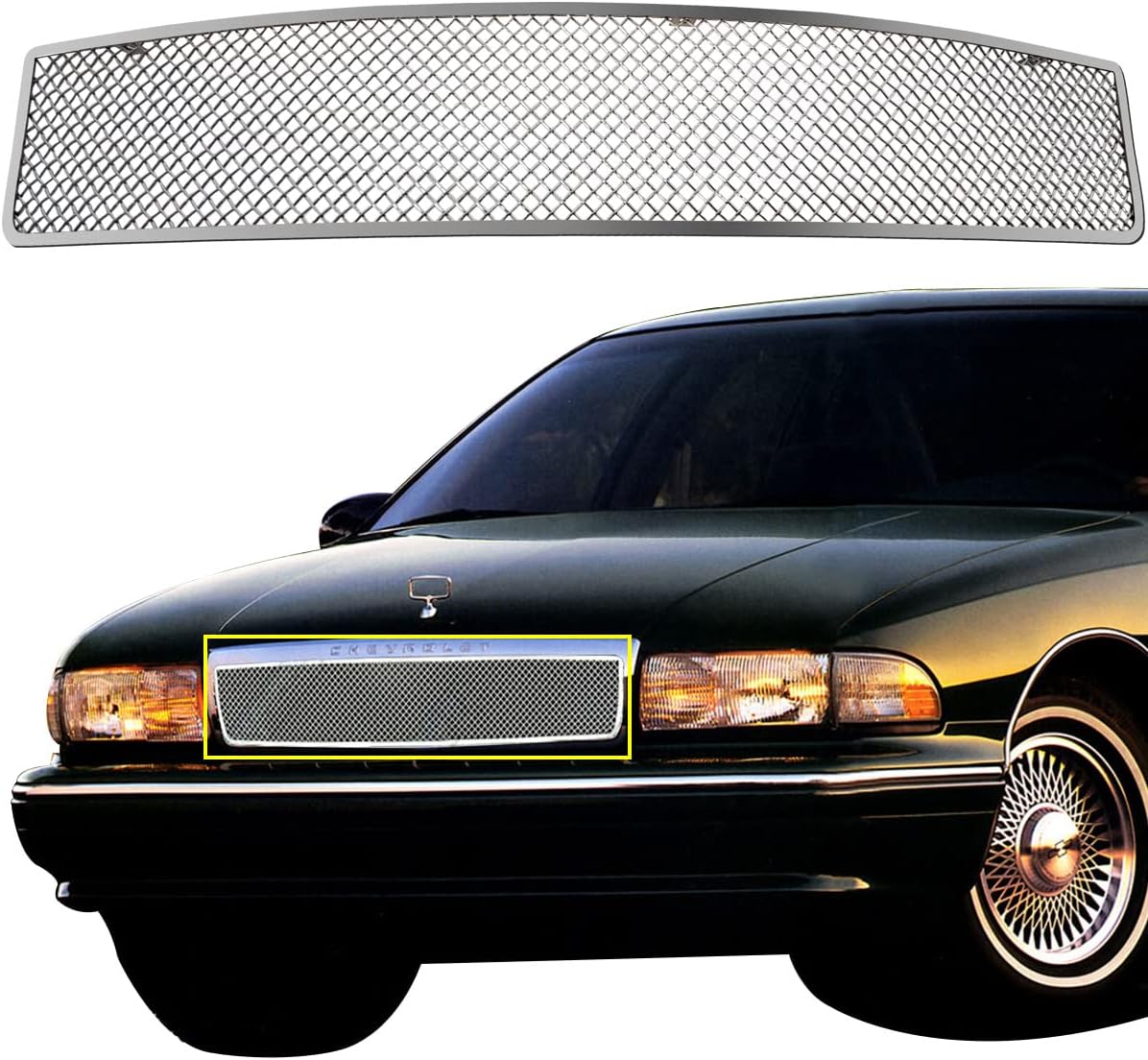 Rejilla frontal compatible con Chevy Caprice 1991-1996 de malla de acero inoxidable con acabado pulido