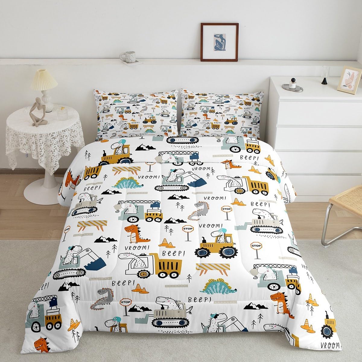 Feelyou Juego de ropa de cama de construcción, tamaño individual, con equipamiento de camiones, para niños y niñas, decoración de dinosaurios,