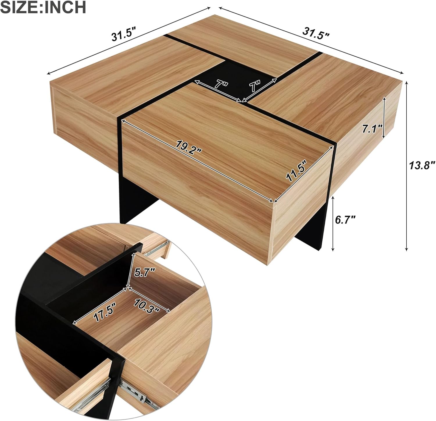 Merax Mesa auxiliar, moderna mesa de centro extensible con 4 compartimentos de almacenamiento ocultos, mesa de cóctel central cuadrada de alto