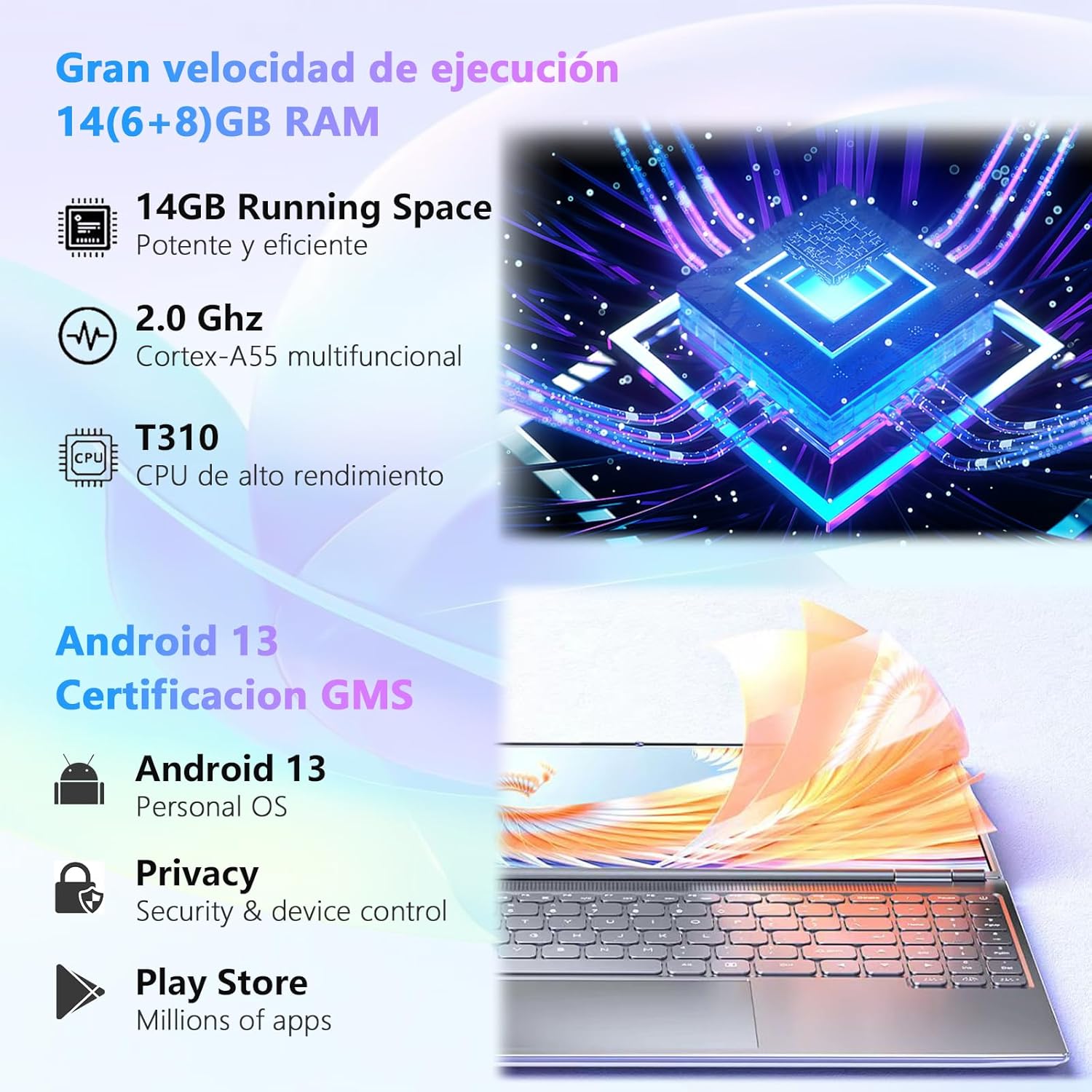 2024 Tablet Android 13 Octa-Cores 14GB RAM 128GB ROM 1TB TF, WiFi 5G, Bluetooth 5.0, GPS, GMS, batería de 8000mAh, 8MP+5MP, OTG, tipo C, Tablet PC