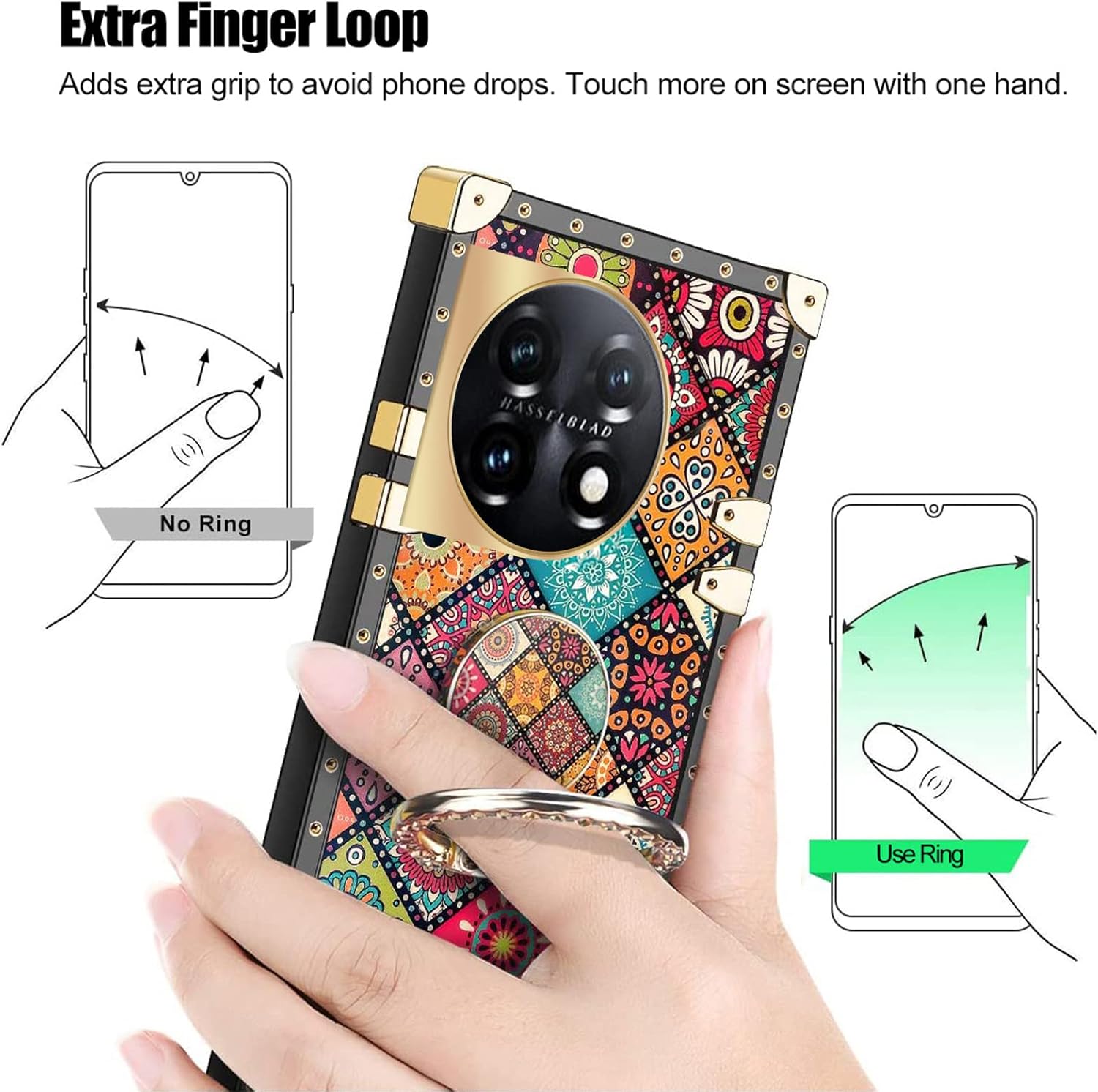 nancheng Funda cuadrada para Oneplus 11 (6.7 pulgadas) con soporte de anillo, diseño retro de flores de mandala para niñas y mujeres, esquinas