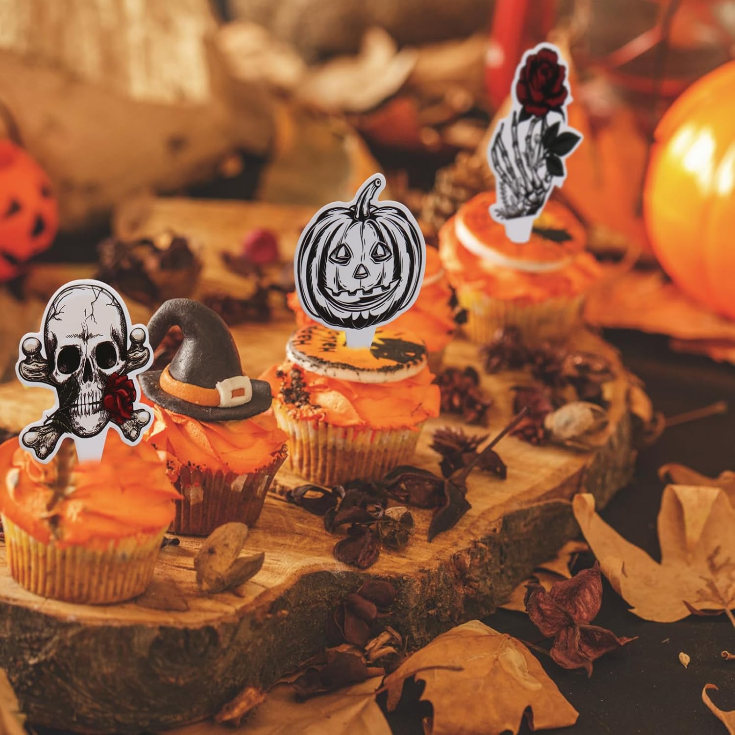 48 decoraciones para cupcakes de Halloween, decoración de cupcakes de terror, calavera rosa, murciélago, calabaza, cupcakes, decoraciones para