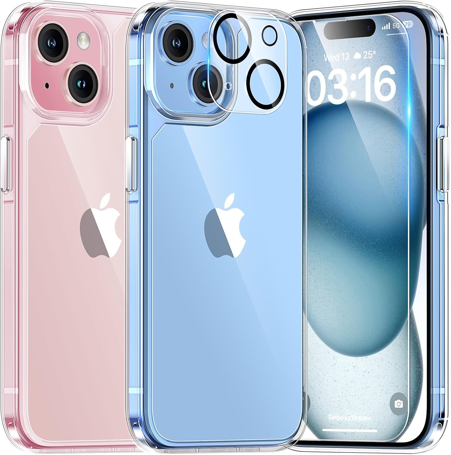TAURI Funda transparente 5 en 1 para iPhone 15 Plus, no amarillea, con 2 protectores de pantalla + 2 protectores de lente de cámara, protección