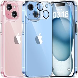 TAURI Funda transparente 5 en 1 para iPhone 15 Plus, no amarillea, con 2 protectores de pantalla + 2 protectores de lente de cámara, protección TAURI Funda transparente 5 en 1 para iPhone 15 Plus, no amarillea, con 2 protectores de pantalla + 2 protectores de lente de cámara, protección
