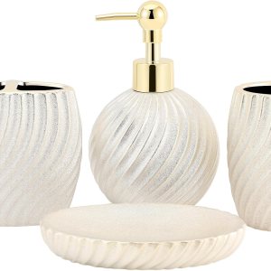 Vidalenta Juego de accesorios de baño, juego esencial de baño de cerámica de 4 piezas con soporte para cepillo de dientes, dispensador de jabón, Vidalenta Juego de accesorios de baño, juego esencial de baño de cerámica de 4 piezas con soporte para cepillo de dientes, dispensador de jabón,