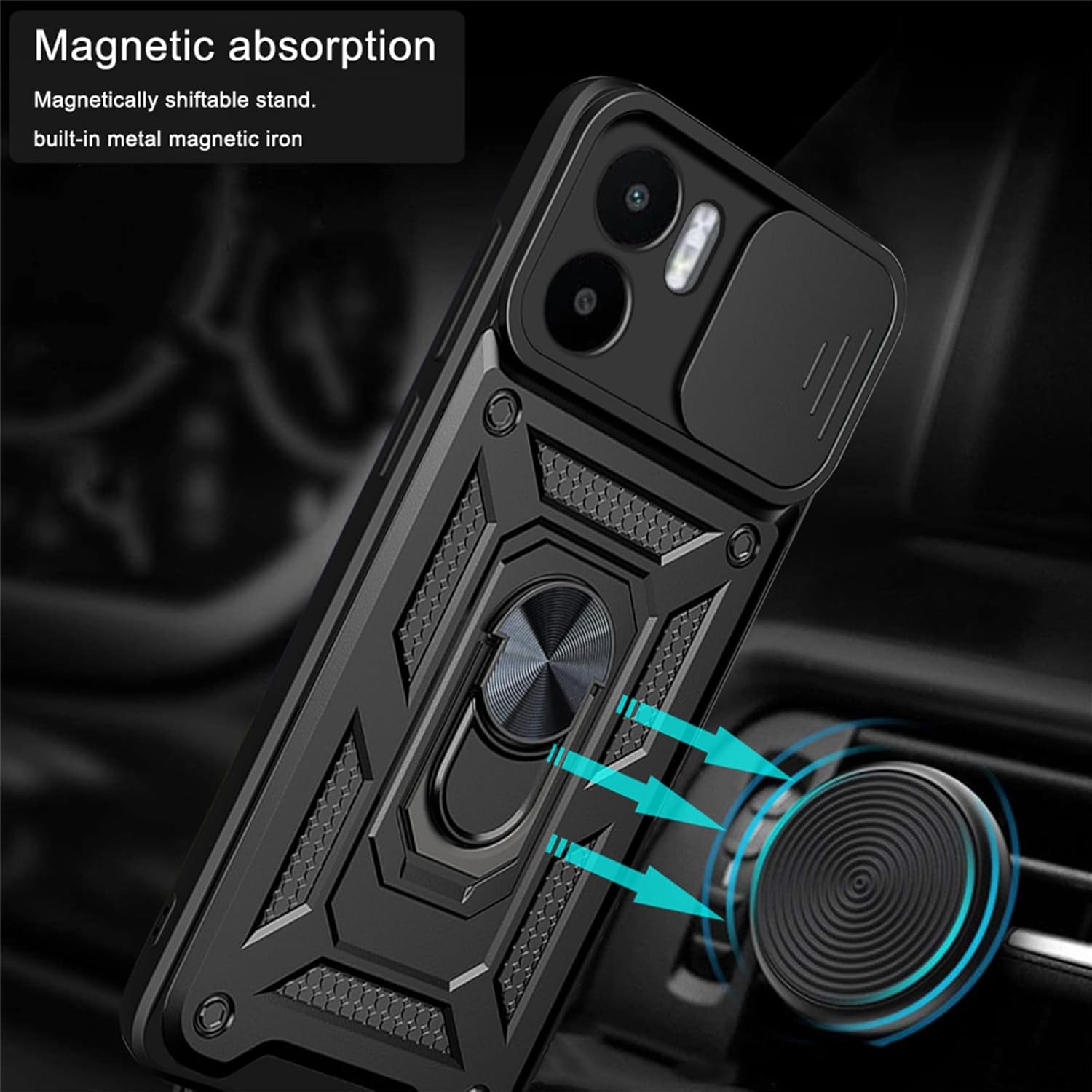 Ysnzaq Funda para Xiaomi Redmi A1 PlusRedmi A2 Plus, resistente a prueba de golpes lente protectora con soporte magnético para Xiaomi Redmi A2