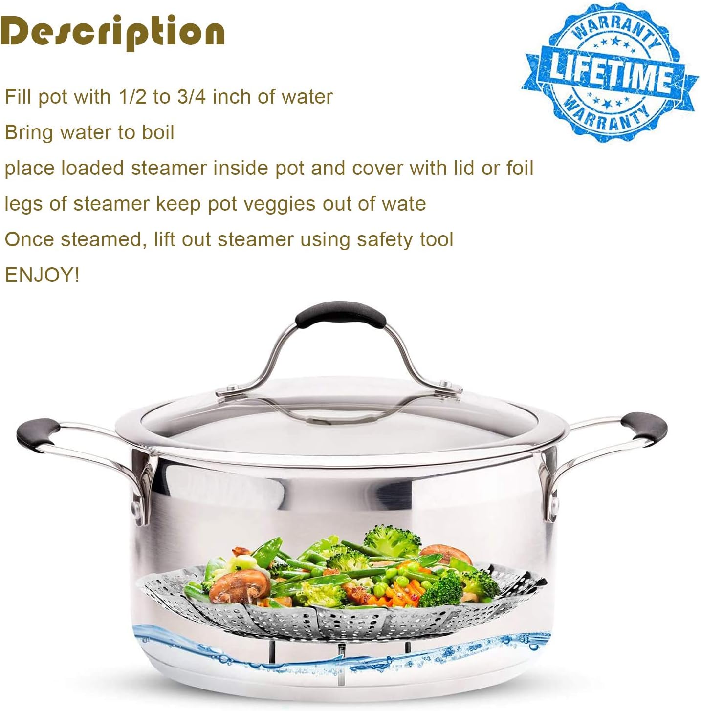 Cesta de vapor, utensilios de cocina plegables de acero inoxidable, tamaños ajustables para adaptarse a varias ollas (5.1 a 9 pulgadas)