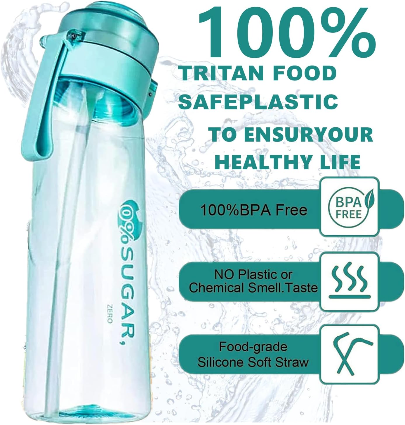 Botella de agua deportiva sin BPA, juego de botellas para beber, botella de agua con fragancia de fruta de 22.1 fl oz, con 7 cápsulas de sabor %0